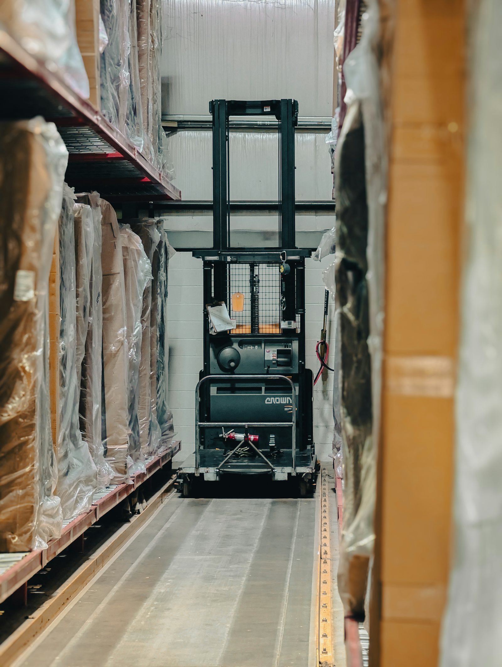 Forklift inside a distribution warehouse